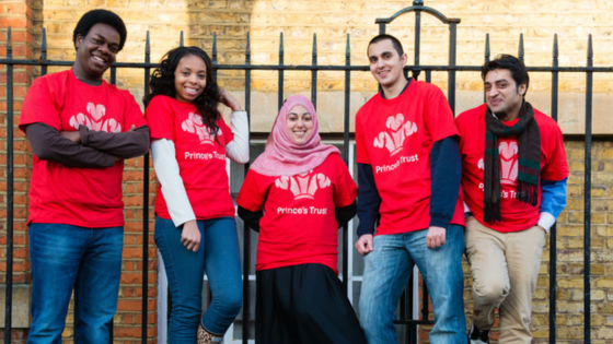Image of 5 young people wearing their Princes' Trust Red T-Shirts.